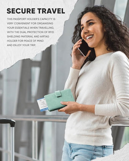 VULKIT Passport Holder with Airtag Holder RFID Blocking Passport Wallet Travel Leather Passport for Women(Mint Green)