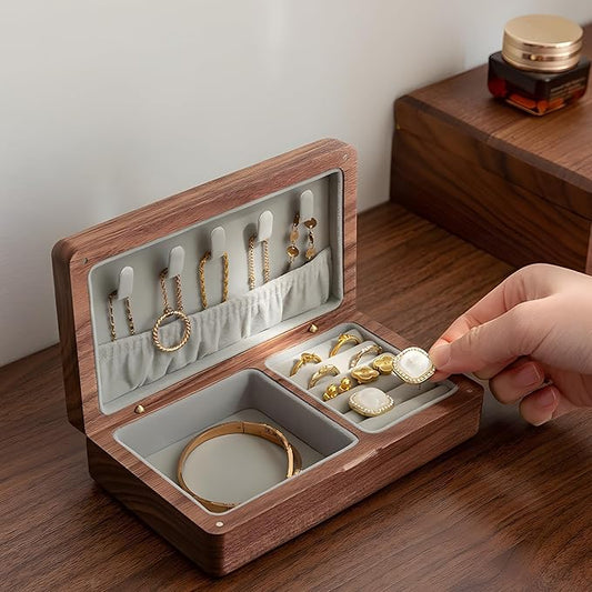 Small Wooden Jewelry Box, Vintage Delicate Walnut Wood Jewelry Case, Ideal Gift for Man Women, Protable Travel Jewelry Organizer