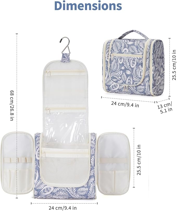 Narwey Hanging Toiletry Bag for Women Travel Makeup Bag Organizer Toiletries Bag Men for Cosmetics Essentials Accessories(Large, Blue Leaf)