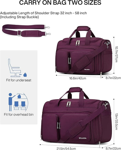 MILADA Carry On Luggage Bags for Travel Large Foldable Duffle Bag for Travel Lightweight Personal Bags for Airplanes Weekend Overnight Bags for Women Mens Travel Bag, Purple