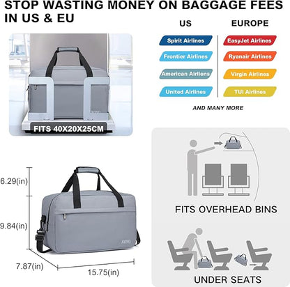 Kono Travel Duffel - 20L Under Seat Carry-On Sports Tote Gym Weekender Overnight Bag - 15.75"x9.84"x7.87" Light Gray