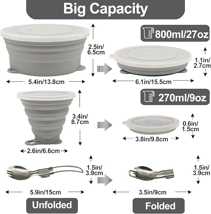 Mess Kit for Camping Silicone Collapsible Bowl Collapsible Cup and Stainless Steel Spoon for Backpacking Outdoor Hiking Traveling and Picnic - 2 Pack