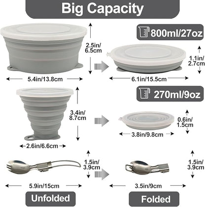 Mess Kit for Camping Silicone Collapsible Bowl Collapsible Cup and Stainless Steel Spoon for Backpacking Outdoor Hiking Traveling and Picnic - 2 Pack