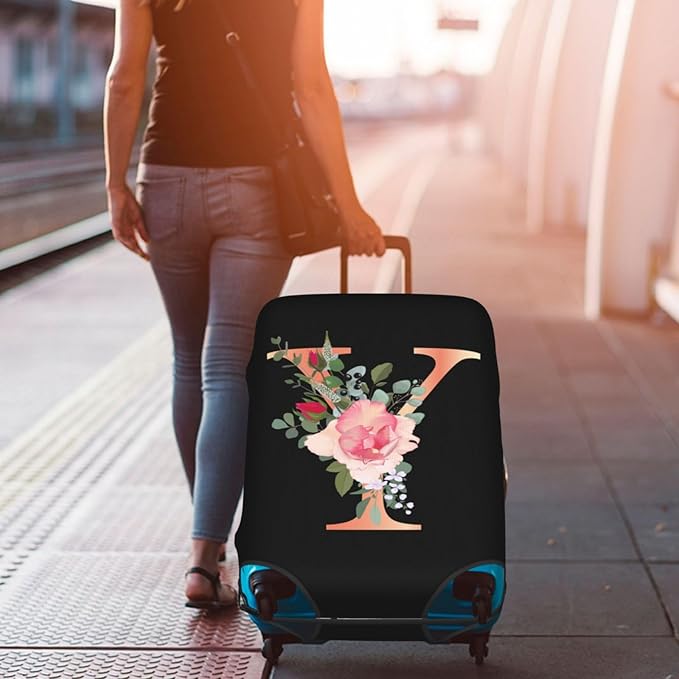 Floral Letter Y Travel Luggage Cover Spandex Suitcase Protector Elastic Washable Stretch Suitcase Cover,Size S(Fit 18-21inch Suitcase)