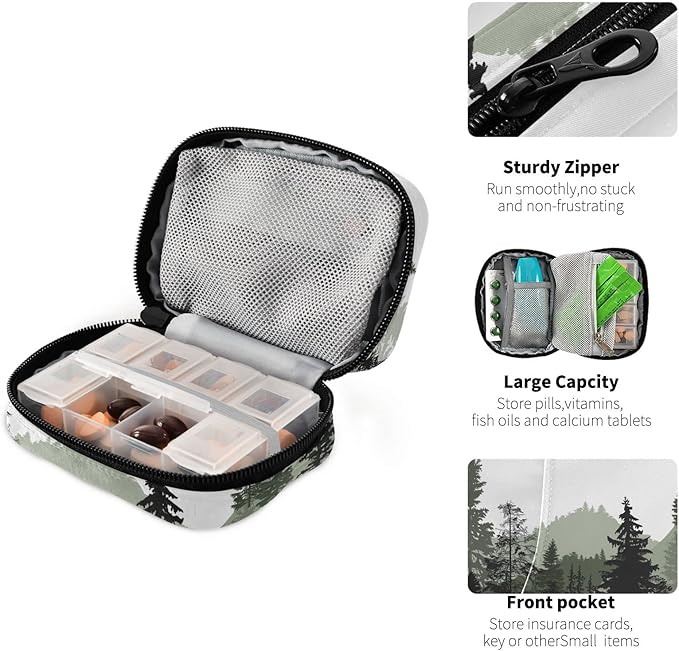 Grey and White Mountains and Trees Pill Organizer Box Case Container Holder 7 Days Weekly Travel Cute Vitamin Dispenser Sorter Planner Storage Small Compact Men Women