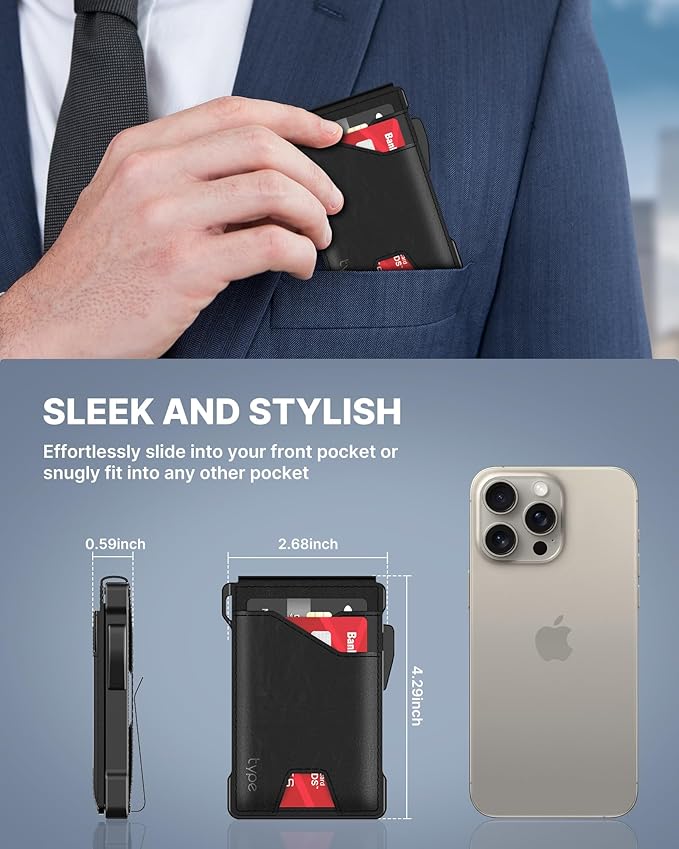 typecase Tactical Wallet for Men Card Holder: Pop Up Card Case, Genuine Leather, Smart, RFID Blocking, Slim, Minimalist, Thin, Front Pocket - 9-13 Card Capacitiy, ID Window, Money Clip (Black)