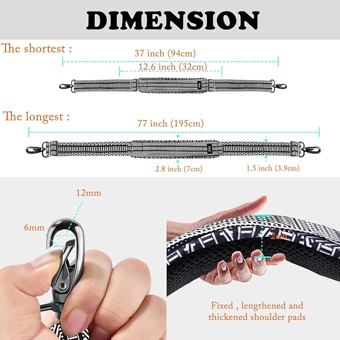 ZINZ 77 Inch Shoulder Strap Univesal Bag Strap with Fixed Pad Ultra Thick Plus Long & Breathable Cushion, Replacement Strap for Bags,Black White Jacquard