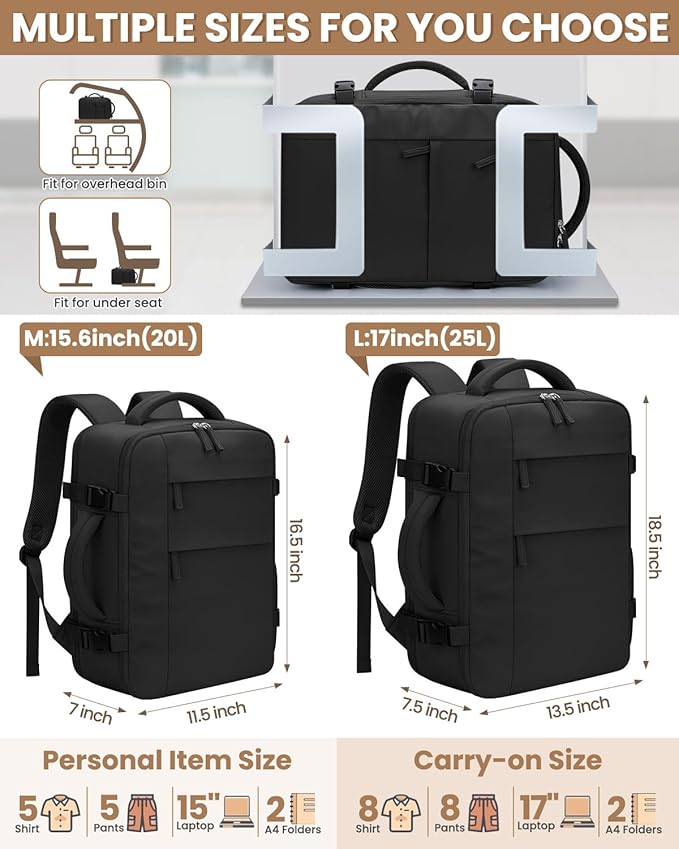 Travel Backpack for Women Man, Waterproof Laptop Backpack Travel Bag Airline Approved Carry on Weekender Overnight Bag Bookbag for Business,Travel, Work Fits 17.3 inch Laptop(Large,Black)