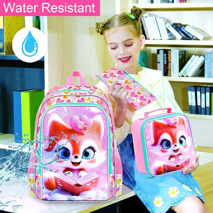 WZLVO 3PCS Girls Fox Backpack Set, 16" Glittery UV Printing Kids Bookbag/School Bag with Lunch Box & Pencil Bag for Preschool to Elementary - Reading Fox Pink