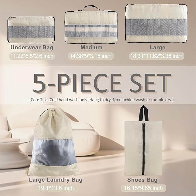 U+U 5 Set Packing Cubes for Travel Essentials Ultralight Luggage Packing Organizers with Laundry Bag and Shoe Bag for Vacation, Business Trip and Camping (Cream)