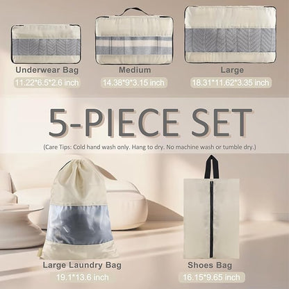 U+U 5 Set Packing Cubes for Travel Essentials Ultralight Luggage Packing Organizers with Laundry Bag and Shoe Bag for Vacation, Business Trip and Camping (Cream)