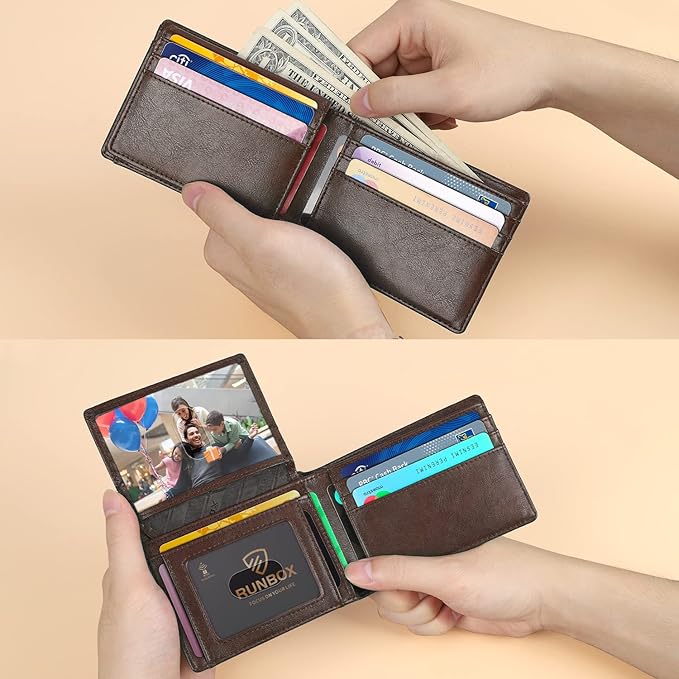 RUNBOX Wallet for Men Slim Rfid Leather 2 ID Window With Gift Box