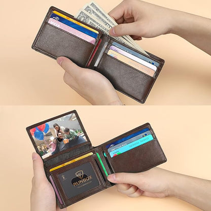 RUNBOX Wallet for Men Slim Rfid Leather 2 ID Window With Gift Box