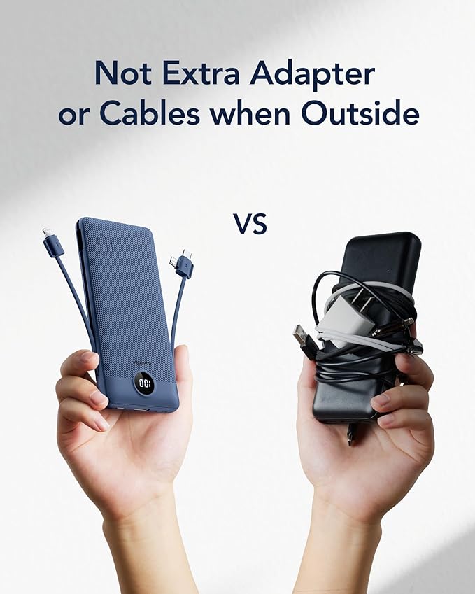 VEGER Portable Charger with Built-in AC Plug and Cables, All in One 10000mAh Ultra Slim Power Bank Travel Essentials, 15W Fast Charging Battery Pack Compatible with iPhone, Samsung, Android (Navy)