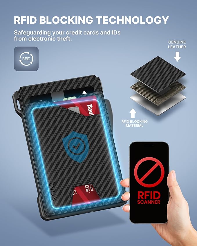 typecase Tactical Wallet for Men Card Holder: Pop Up Card Case, Genuine Leather, Smart, RFID Blocking, Slim, Minimalist, Thin, Front Pocket - 9-13 Card Capacitiy, ID Window, Money Clip (Carbon Fiber)