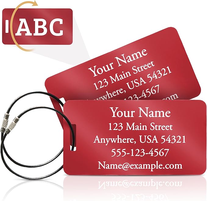 Two Custom Engraved Aluminum Luggage Tags (Red)