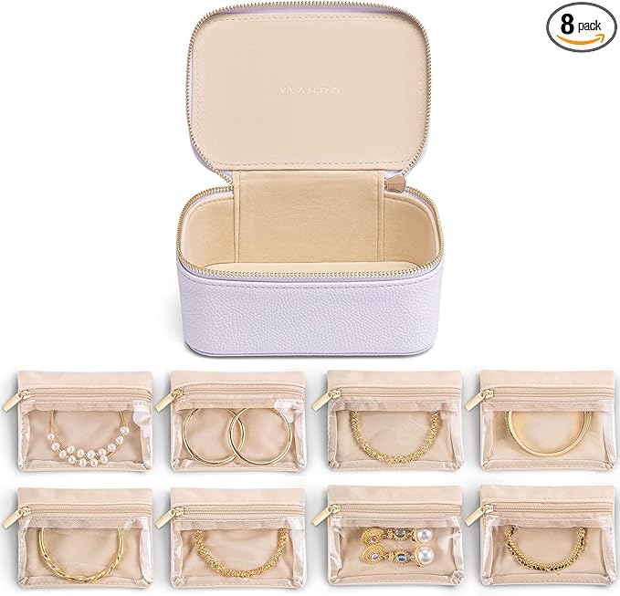 Vlando Travel Jewelry Case with 8 Velvet Jewelry Bags Travel Jewelry Storage Box Jewelry Organizer for Necklace Rings Earrings Teen Girls Gifts Trendy Stuff -Purple