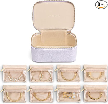 Vlando Travel Jewelry Case with 8 Velvet Jewelry Bags Travel Jewelry Storage Box Jewelry Organizer for Necklace Rings Earrings Teen Girls Gifts Trendy Stuff -Purple