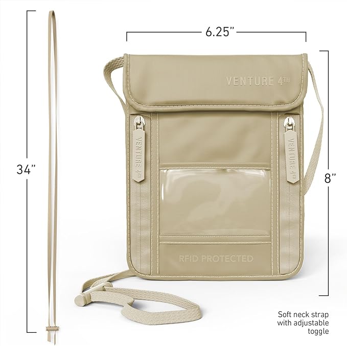 VENTURE 4TH Neck Wallet, RFID Blocking Passport Holder for Travel – Hidden Neck Pouch with 5 Compartments, Slim Lightweight Organizer with Adjustable Strap for Cash, Cards & Passport (Sleek Beige)