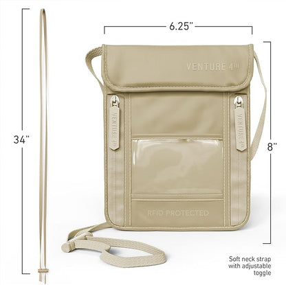 VENTURE 4TH Neck Wallet, RFID Blocking Passport Holder for Travel – Hidden Neck Pouch with 5 Compartments, Slim Lightweight Organizer with Adjustable Strap for Cash, Cards & Passport (Sleek Beige)