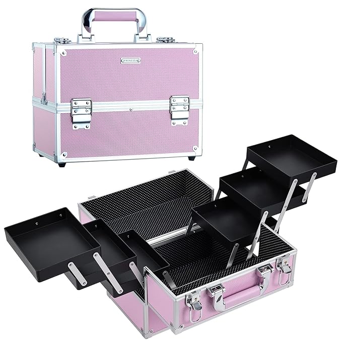 Frenessa Makeup Train Case Large Portable Cosmetic Case - 6 Tier Trays Professional Makeup Storage Organizer Box Make Up Carrier with Lockable keys - Pink