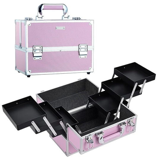 Frenessa Makeup Train Case Large Portable Cosmetic Case - 6 Tier Trays Professional Makeup Storage Organizer Box Make Up Carrier with Lockable keys - Pink