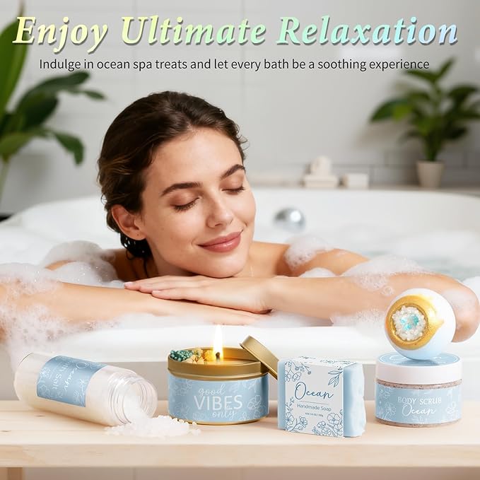 Spa Gifts for Women Bath Gift Set, Ocean Relaxing Spa Gift Baskets Home Bath Set Self Care Kit Care Package Thank You Christmas Birthday Gifts for Women Mom Her Friends Sister Teen Girls Wife Grandma