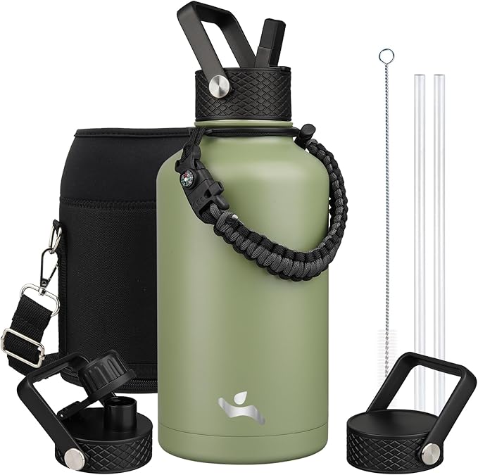 Half Gallon Insulated Water Bottle with Straw,64 oz 3 Lids Water Jug with Carrying Bag,Paracord Handle, Double Wall Vacuum Stainless Steel Metal Flask,Camp Green