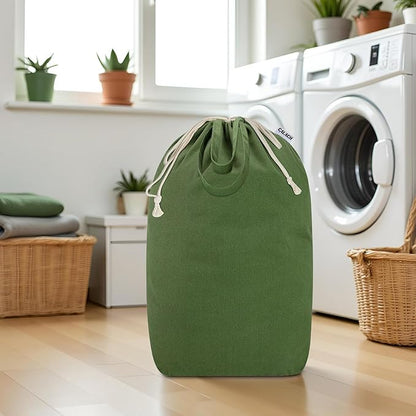 Canvas Laundry Bags with Handles & Square Base13.8"x 13.8", Large Heavy Duty Laundry Basket Hamper Liner, College Dorm Washable Drawstring Cotton Dirty Clothes Bag (Army Green)