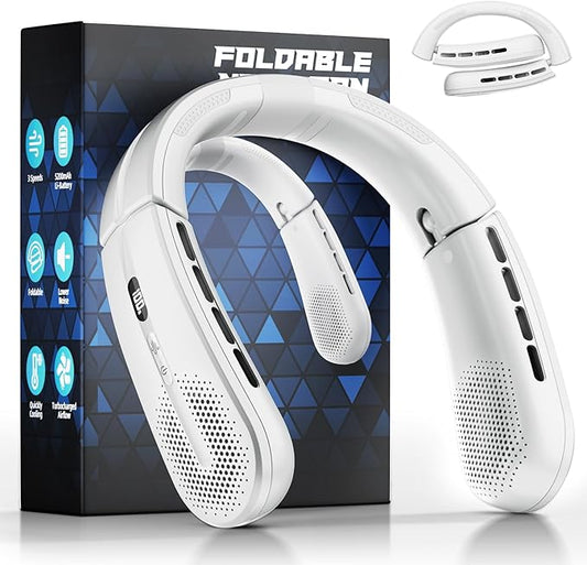 Portable Neck Fan - 8400 RPM Enlarged Turbo Airflow - 5200mAh Personal Rechargeable Cooling Wearable Fan - Max 16H, 4 Speeds, Foldable, LED Display - Great Gifts for Men Women - 2nd Gen White