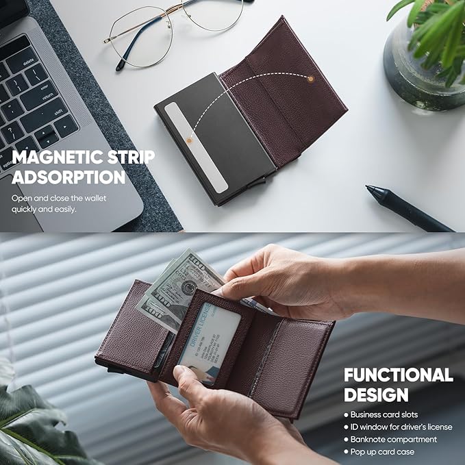 VULKIT Pop up Wallet Minimalist Cash Wallets RFID Blocking Leather Smart Credit Card Holder with Magnetic Closure for Men