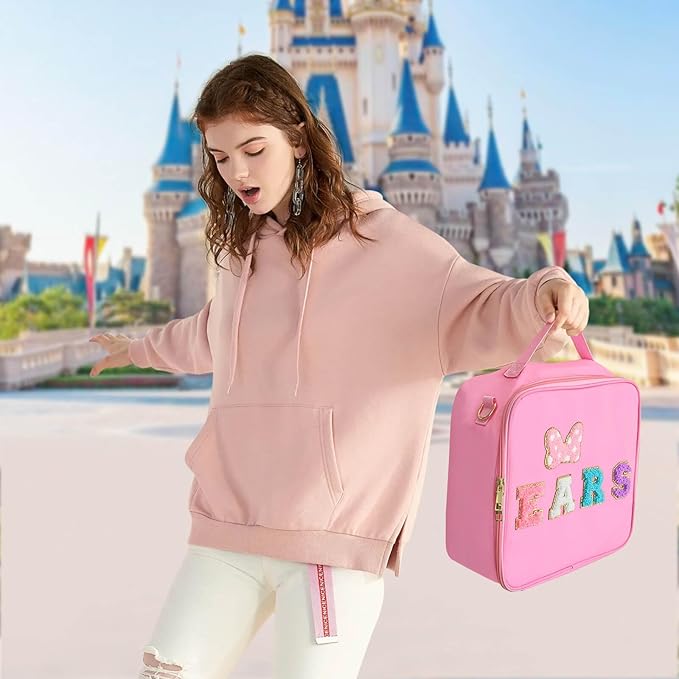 Chenille Letter Bow Mouse Ears Travel Case, Park Ears Headband Holder Hair Accessories Organizer Waterproof Bag for Girls Women Kids Adults, Large Makeup Bag Snack Bags with Zipper for Travel Picnic