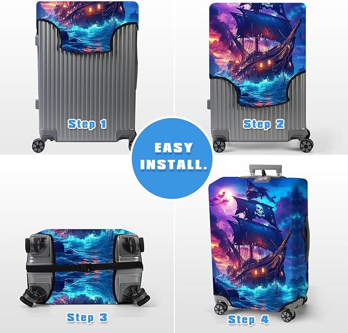 Luggage Cover Protector for 30-32 Inch Suitcases, TSA Approved Elastic Travel Suitcase Covers, Anti-Scratch Washable Luggage Sleeve for Carry On & Checked Bags, Pirate Ship