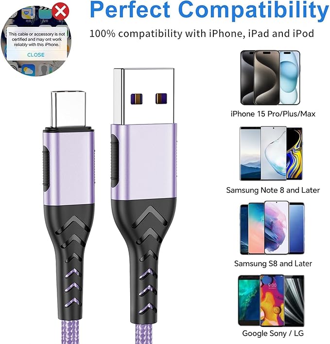 Durcord USB C Charger Cable, 2Pack 10ft Fast Charging USB Type C Cord Cable for Android Phone Pad Laptop, USB A to USB C Type C Charger Cable Compatible with iPhone 15 Pro/Plus/Max-Light Purple