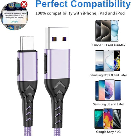 Durcord USB C Charger Cable, 2Pack 10ft Fast Charging USB Type C Cord Cable for Android Phone Pad Laptop, USB A to USB C Type C Charger Cable Compatible with iPhone 15 Pro/Plus/Max-Light Purple