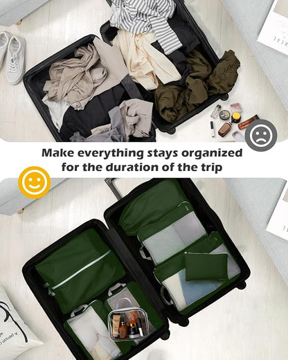 Gonex 8 Set Compression Packing Cubes for Travel, Expandable Mesh Packing Organizer for Travel Accessories Essentials with Toiletry Bag, Laundry Bag, Shoe Bag, Cable Bag for Carry On, Deep Green