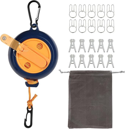 32Ft Portable Travel Clothesline Caudblor Adjustable Camping Clothes Laundry Drying Rope for Hotel Trip, Cruise, Outdoor/Indoor with 10 Windproof Clips, 10 Clothespins, 1 Storage Bag（Blue）