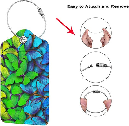 2Pcs Green Blue Butterfly Luggage Tags for Suitcases for Women Girls, Pretty Leather Suitcases Tag with Stainless Steel Loop Privacy Cover ID Label Travel Bag Tags Luggage Identifiers for Kids Adults