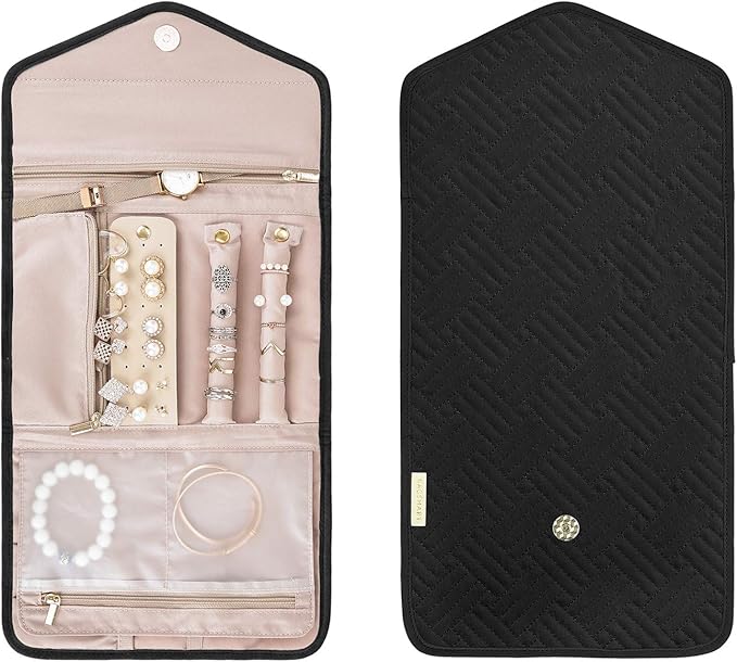 BAGSMART Travel Jewelry Organizer Roll Foldable Jewelry Case for Journey-Rings, Necklaces, Bracelets, Earrings, Black
