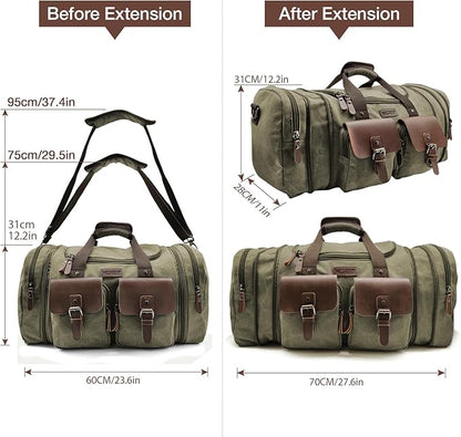 Wildroad 60L Travel Duffel Bag, Expandable Canvas Genuine Leather Duffle Bag Upgraded Overnight Weekender Bag Carry on Bag