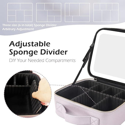 MOMIRA Travel Cosmetic Train Case with Lighted Mirror 3 Color Scenarios Cosmetic Bag Organizer with Adjustable Dividers Makeup Storage for Women, Makeup Accessories & Tools Case Violet Grey