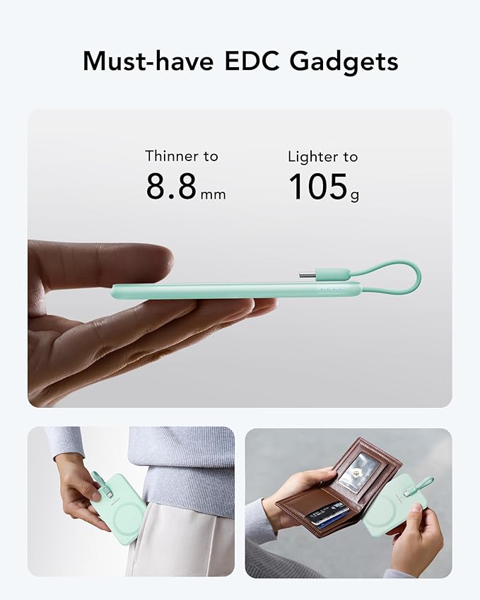 VEEKTOMX Slim Portable Charger, 5000mAh Lightweight Power Bank with Wired USB C Cable, Ultra Thin Battery Pack Compatible with iPhone 15/Plus/Pro/Pro Max/Samsung/Android(Non-Wireless Charging), Blue