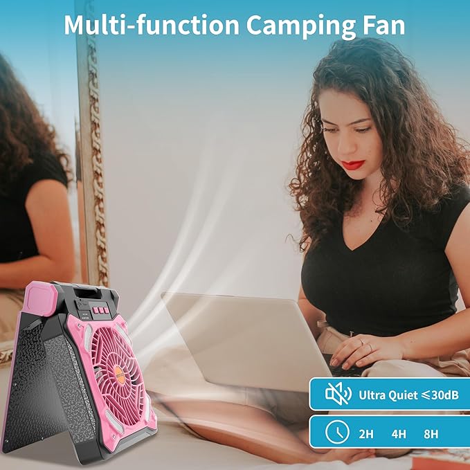 Solar Fan Battery Powered Rechargeable Solar Camping Fan with Led Lantern & Power Bank Foldable Angle USB Personal Fans for Travel Outdoor Camping Tents X98 Pink