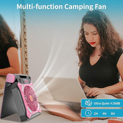 Solar Fan Battery Powered Rechargeable Solar Camping Fan with Led Lantern & Power Bank Foldable Angle USB Personal Fans for Travel Outdoor Camping Tents X98 Pink