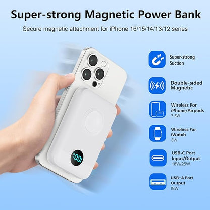 Magnetic Portable Charger for iPhone,10800mAh 4-in-1 Power Bank with iWatch Charger,25W PD Fast Charging Battery Pack for Magsafe,iPhone 17/16/15/14/13/12 Series,Apple Watch,Travel Essential,White