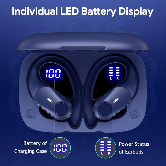 GOLREX Noise Cancelling Ear Buds Wireless Earbuds Bluetooth Headphones with 80H Playtime, Dual LED Display, Wireless Charging Case, Over-Ear Hooks Earphones for Sports Running Gym Workout Blue