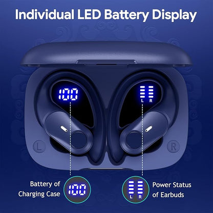 GOLREX Noise Cancelling Ear Buds Wireless Earbuds Bluetooth Headphones with 80H Playtime, Dual LED Display, Wireless Charging Case, Over-Ear Hooks Earphones for Sports Running Gym Workout Blue