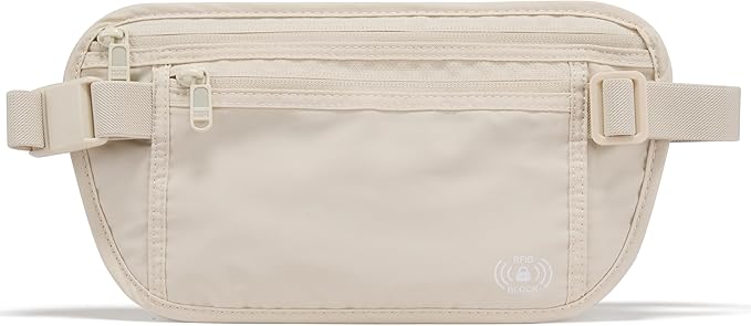 Pander RFID Blocking Travel Money Belt – Hidden Waist Pouch for Passport, Cash, Cards, Slim Belt Bag for Men and Women, White Beige