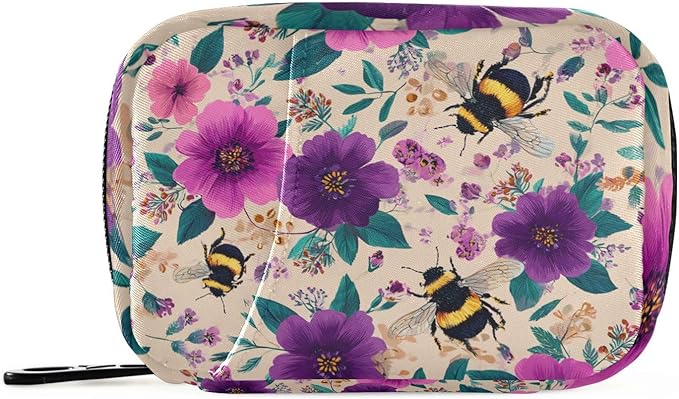 Beige Bees and Colorful Flowers Travel Pill Organizer Case Box Container Weekly Portable Vitamin Medicine Holder Storage Bag with Zipper Removable