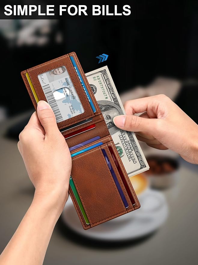 Wallet for Men Slim Leather Wallets for 13-17 Cards, RFID Blocking Thin Card Holder Wallet with ID Window & Large Capacity Cash Slot, Minimalist Bifold Small Wallet for Front Pocket, Gift for Men